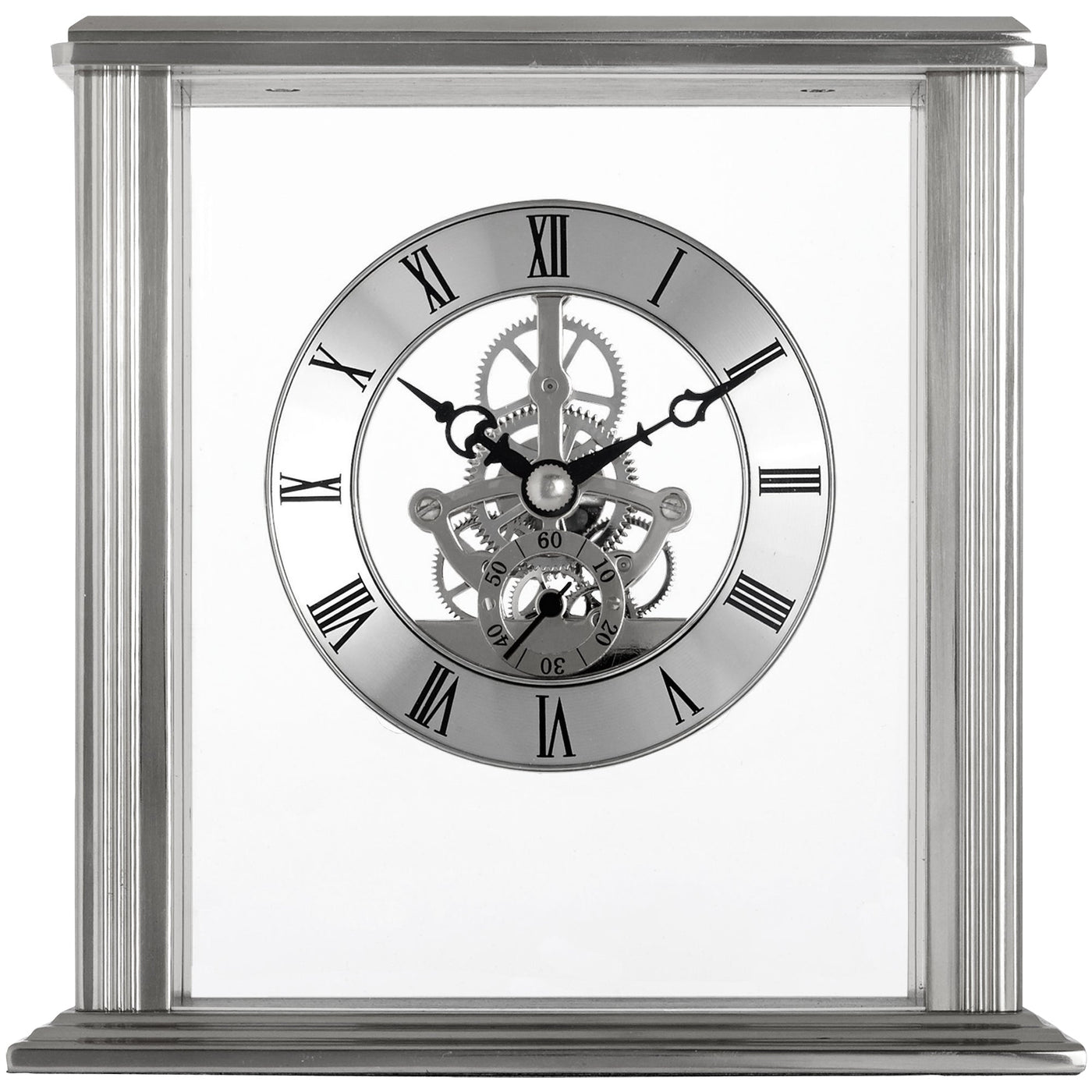 Acctim Vermont Skelton Table Clock Polished Chrome Silver - timeframedclocks