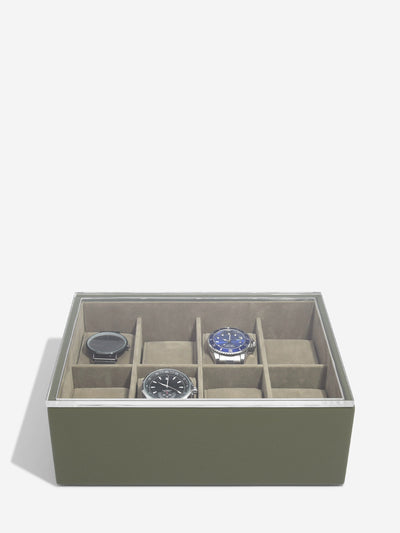 Stackers. Olive Green 8 Piece Watch Box with Acrylic Lid *STOCK DUE MAY* - timeframedclocks