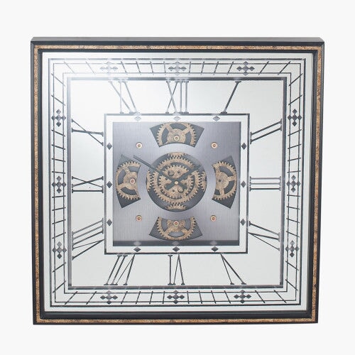 Antique Gold Wood and Mirror Square Working Cog Wall Clock - timeframedclocks