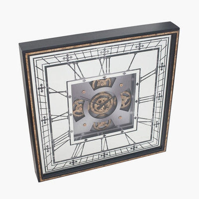 Antique Gold Wood and Mirror Square Working Cog Wall Clock - timeframedclocks