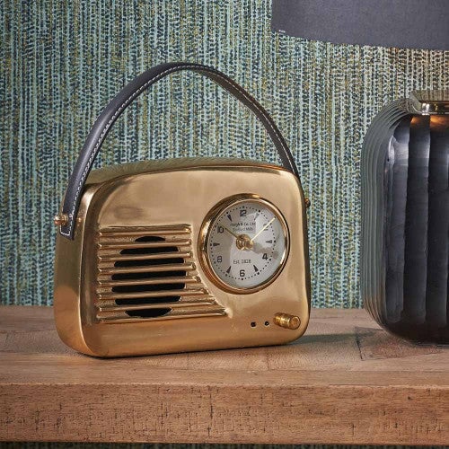 Haigh & Co. Gold Metal Retro Radio Style Table Clock 🎄Delivers Pre Christmas - timeframedclocks