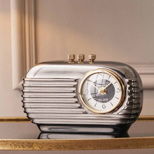 Haigh & Co. Graphite and Gold Metal Retro Radio Style Table Clock *AWAITING STOCK* - timeframedclocks