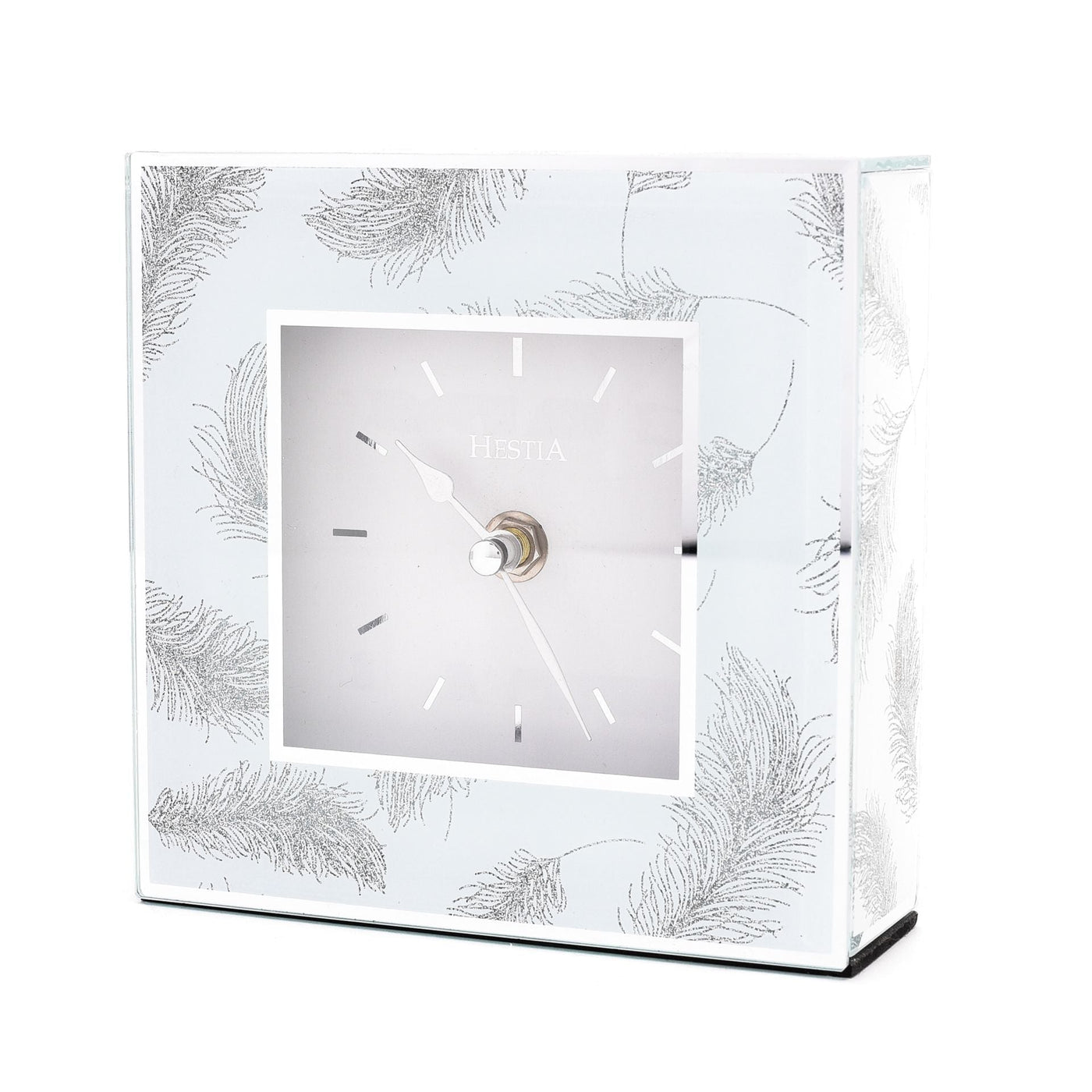 Hestia. Glass Grey Feathers Print Mantel Clock *NEW* - timeframedclocks