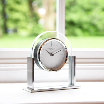 London Clock Company. Glass Arch Top Mantel Clock Silver - timeframedclocks