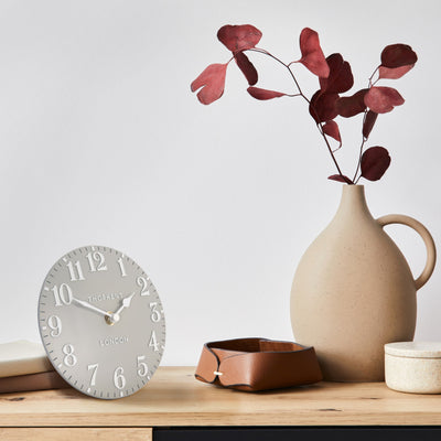 Thomas Kent London. Arabic Mantel Clock 6" (15cm) Dove Grey *STOCK DUE MARCH* - timeframedclocks