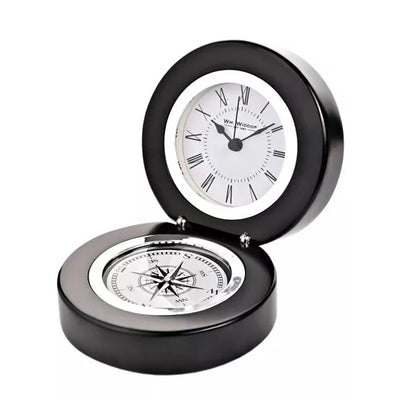 WM.Widdop. Black Finish Folding Mantel Clock & Compass *NEW* - timeframedclocks