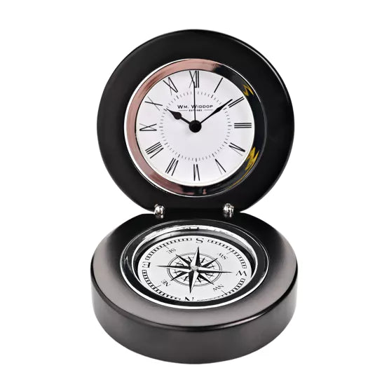 WM.Widdop. Black Finish Folding Mantel Clock & Compass *NEW* - timeframedclocks