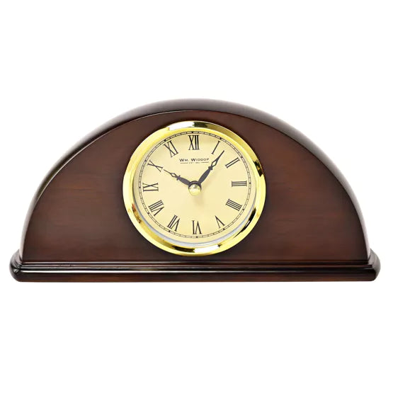 WM.Widdop. Dark Walnut Finish Half Moon Shape Mantel Clock *NEW* - timeframedclocks