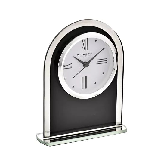 WM.Widdop. Glass Arched Mantel Clock Black *NEW* - timeframedclocks
