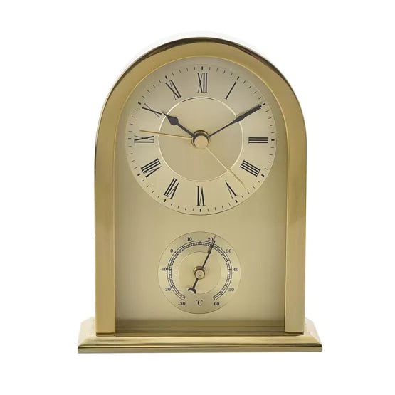 WM.Widdop. Gold Arched Thermometer Alarm Mantel Clock *NEW* - timeframedclocks