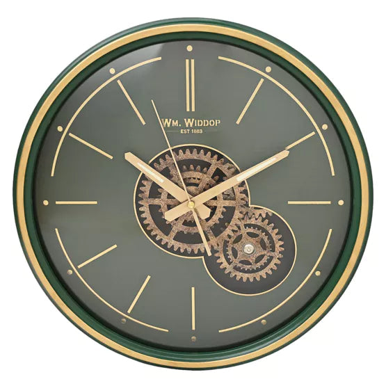 WM.Widdop. Moving Gears and Metal Frame Wall Clock Green & Gold *NEW* - timeframedclocks