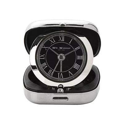 WM.Widdop ® Metal Fold Up Alarm Clock Black Dial *NEW AWAITING STOCK* - timeframedclocks