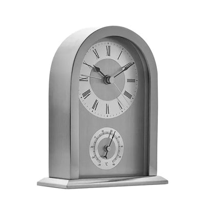 WM.Widdop. Silver Arched Thermometer Alarm Mantel Clock *NEW* - timeframedclocks
