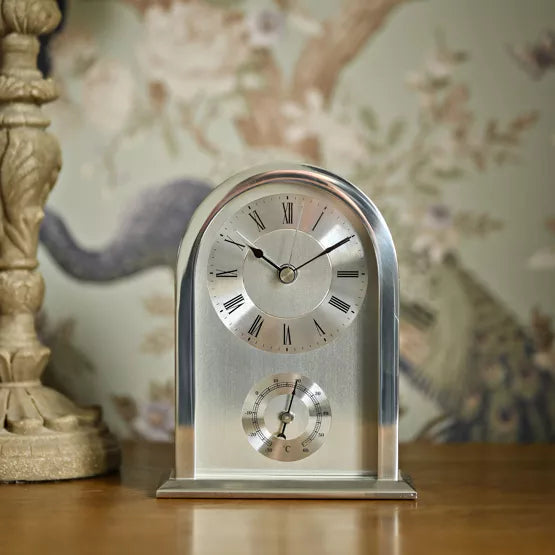 WM.Widdop. Silver Arched Thermometer Alarm Mantel Clock *NEW* - timeframedclocks