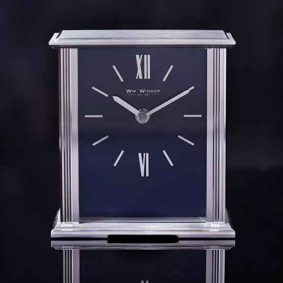 WM.Widdop. Silver Mantel Clock Navy Face *NEW* - timeframedclocks