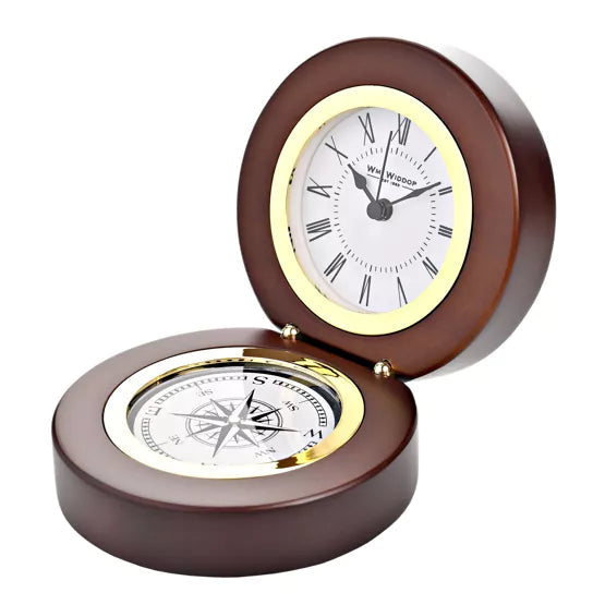 WM.Widdop. Walnut Finish Folding Mantel Clock & Compass *NEW* - timeframedclocks