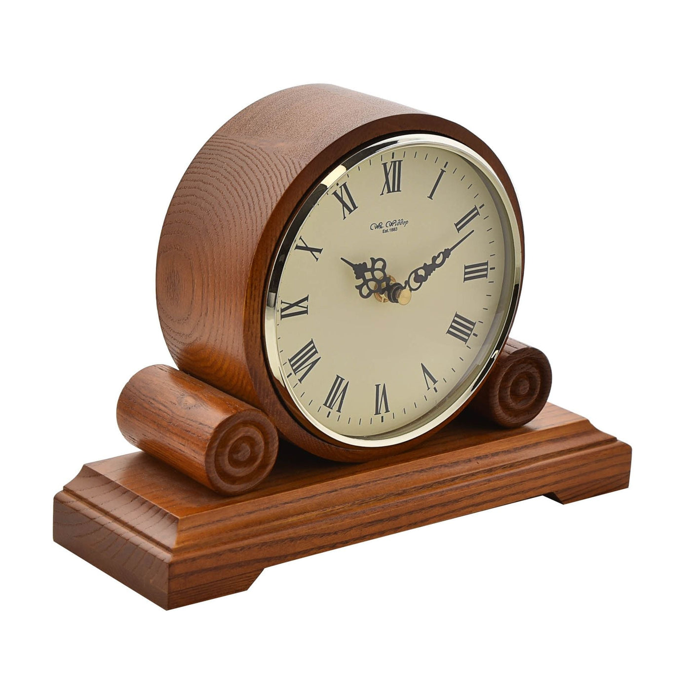 WM.Widdop. Wooden Double Scroll Barrel Mantel Clock *NEW* - timeframedclocks