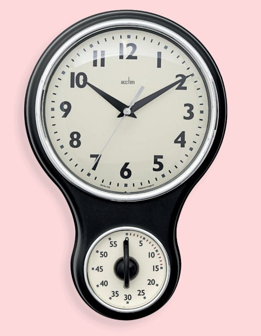 Acctim Retro Style Kitchen Time Mechanical Clock & Timer Black *STOCK DUE MAY* - timeframedclocks