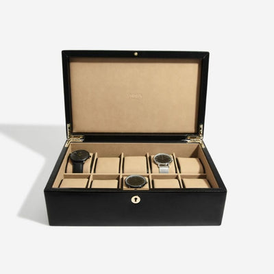 Dulwich Designs London. Windsor Black Leather 10 Piece Watch Box - timeframedclocks