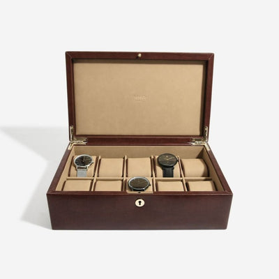 Dulwich Designs London. Windsor Brown Leather 10 Piece Watch Box - timeframedclocks