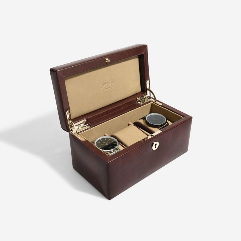 Dulwich Designs London. Windsor Brown Leather 3 Piece Watch Box - timeframedclocks