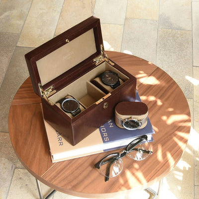 Dulwich Designs London. Windsor Brown Leather 3 Piece Watch Box - timeframedclocks