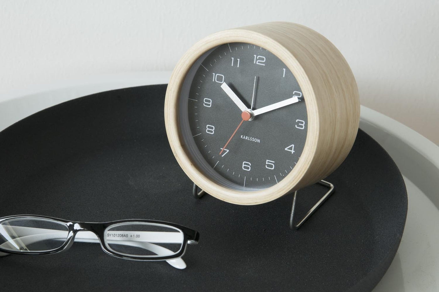 Karlsson Alarm Clock Innate Black Face Wood Case - timeframedclocks