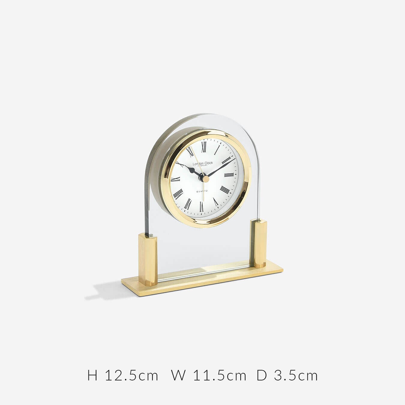 London Clock Company. Glass Arch top Mantel Clock Gold *AWAITING SOCK* - timeframedclocks