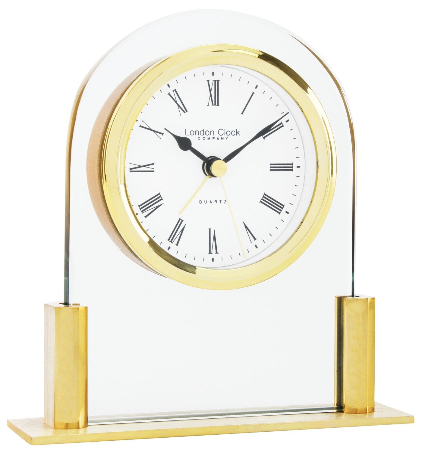 London Clock Company. Glass Arch top Mantel Clock Gold *AWAITING SOCK* - timeframedclocks