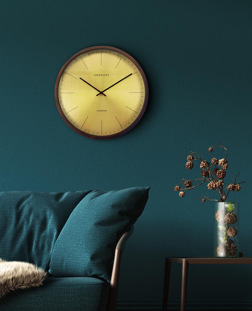 Roger Lascelles London. Dark Wooden Cased Wall Clock Gold Face - timeframedclocks