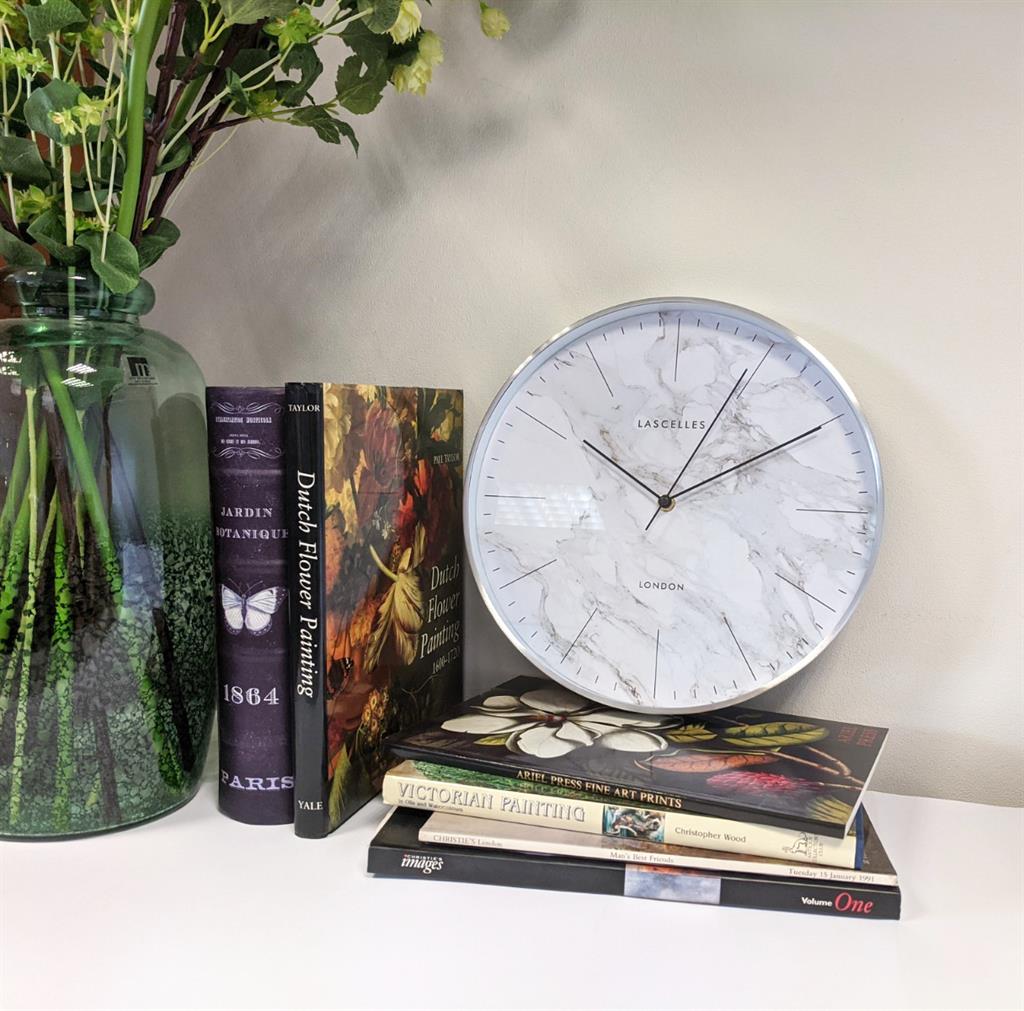 Roger Lascelles London. Brushed Chrome Metal Cased Wall Clock Marble Effect Dial - timeframedclocks