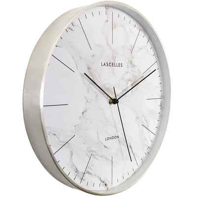 Roger Lascelles London. Brushed Chrome Metal Cased Wall Clock Marble Effect Dial - timeframedclocks