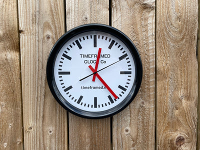 Roger Lascelles London. Swiss Station Clock Black - timeframedclocks