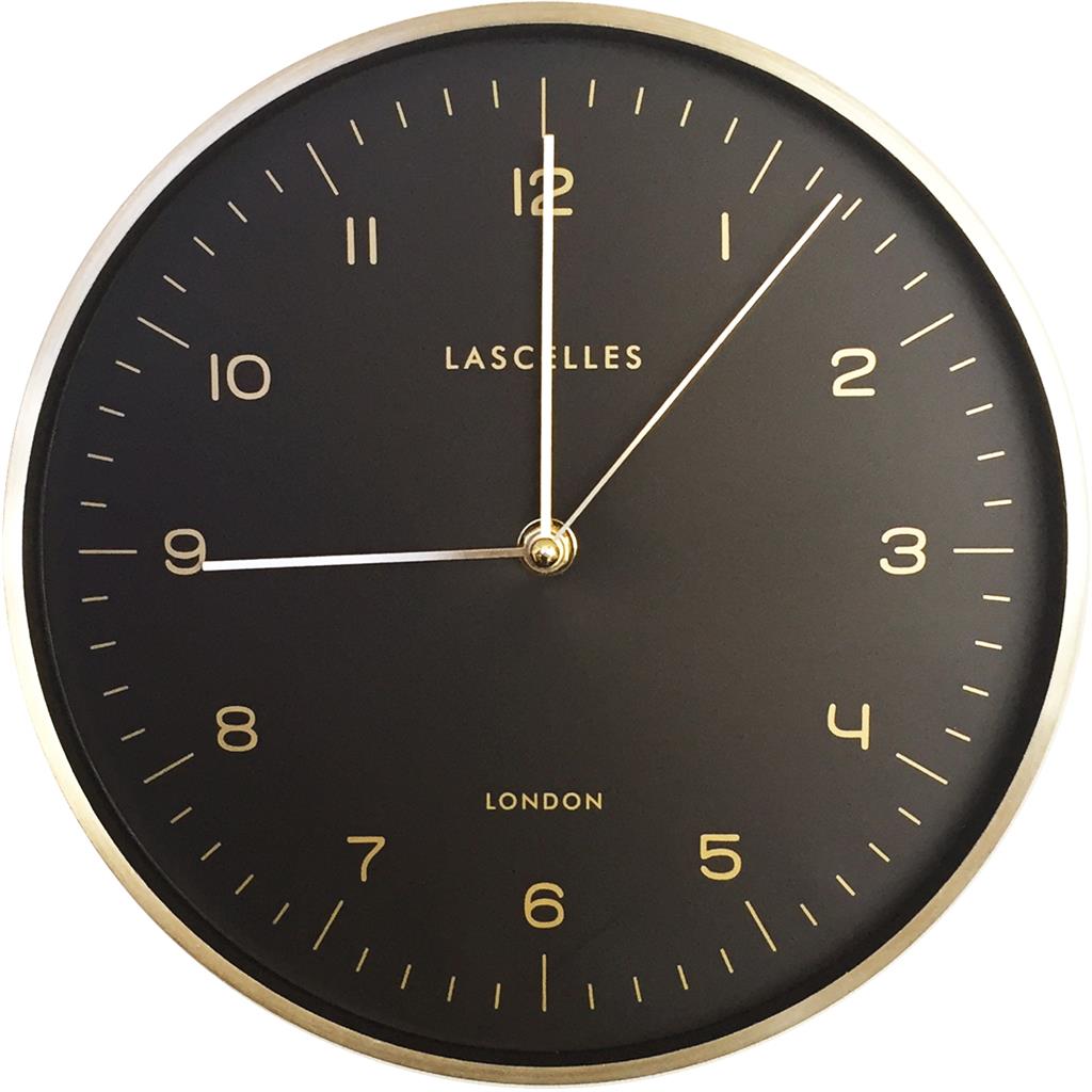 Roger Lascelles London. Metal Cased Wall Clock Gold Rim Black Face - timeframedclocks