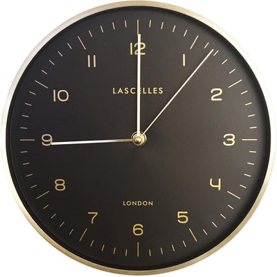 Roger Lascelles London. Metal Cased Wall Clock Gold Rim Black Face - timeframedclocks