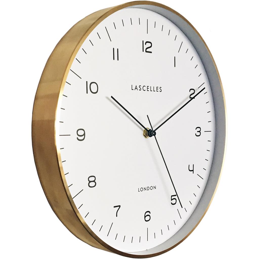 Roger Lascelles London. Metal Cased Wall Clock Gold Rim White Face - timeframedclocks