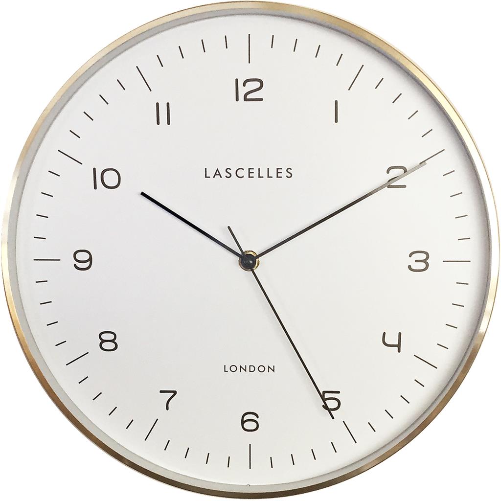 Roger Lascelles London. Metal Cased Wall Clock Gold Rim White Face - timeframedclocks