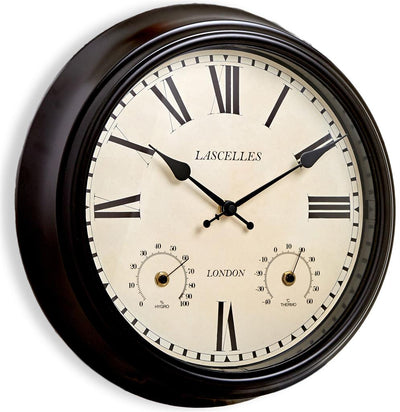 Roger Lascelles London. Metal Outdoor Temperature & Humidity Wall Clock Deep Brown - timeframedclocks