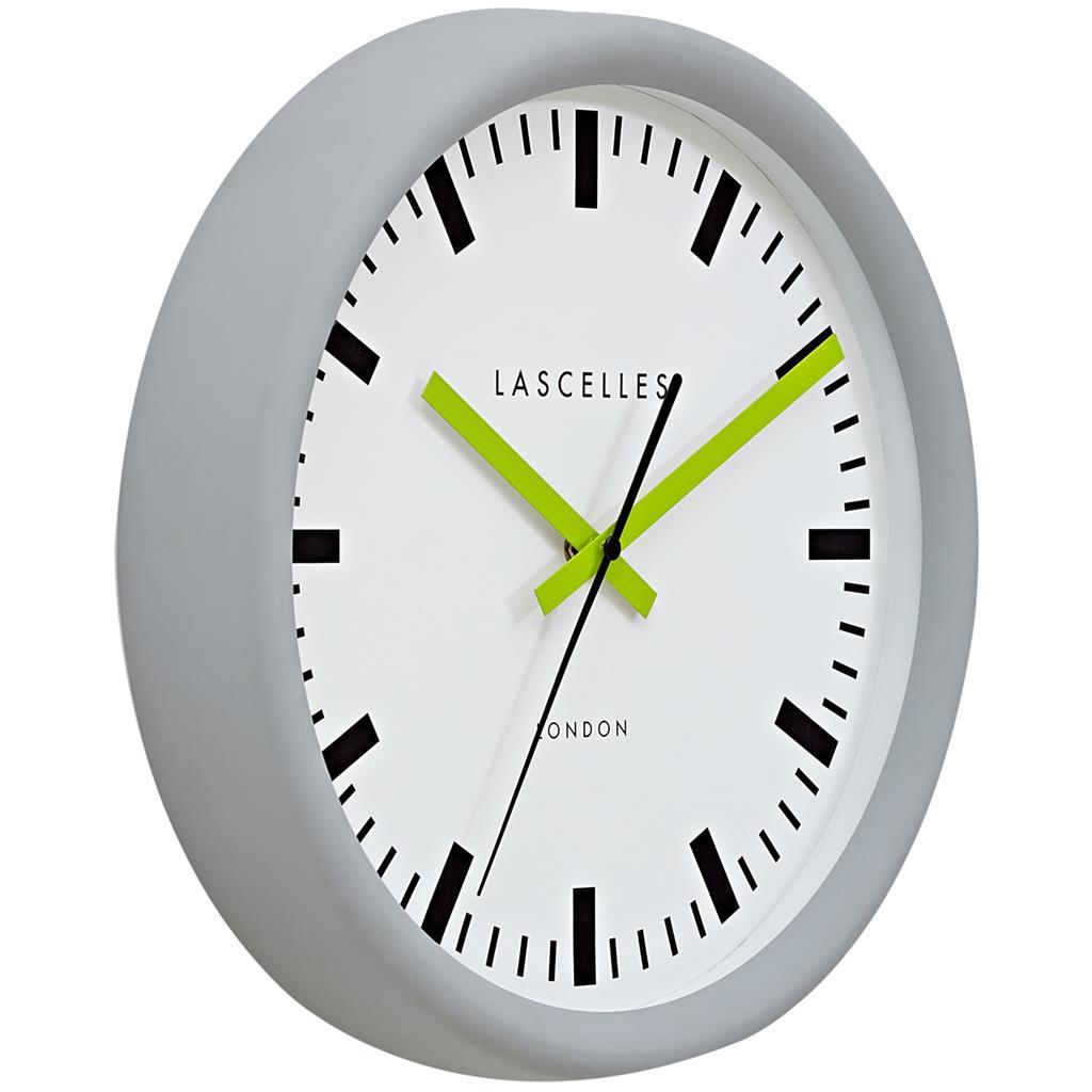 Roger Lascelles London. Swiss Station Clock Grey Baton Lime Hands - timeframedclocks