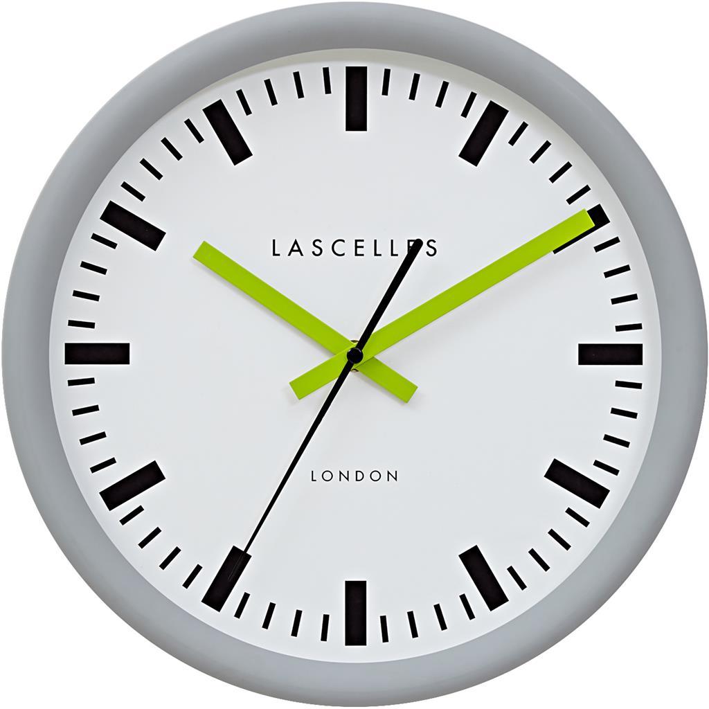 Roger Lascelles London. Swiss Station Clock Grey Baton Lime Hands - timeframedclocks