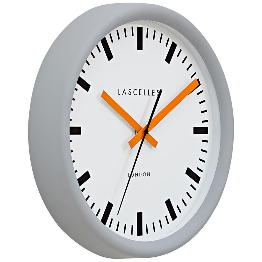 Roger Lascelles London. Swiss Station Clock Grey Baton Orange Hands - timeframedclocks