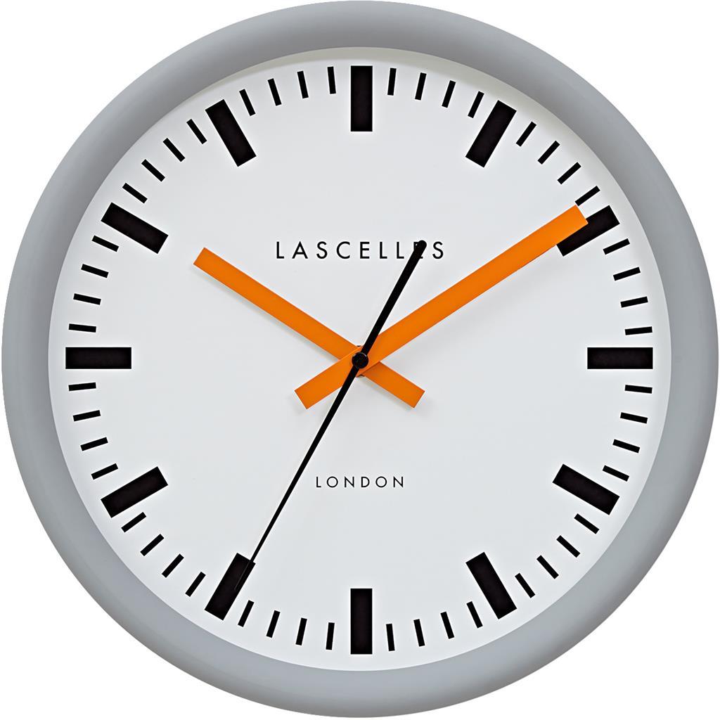 Roger Lascelles London. Swiss Station Clock Grey Baton Orange Hands - timeframedclocks