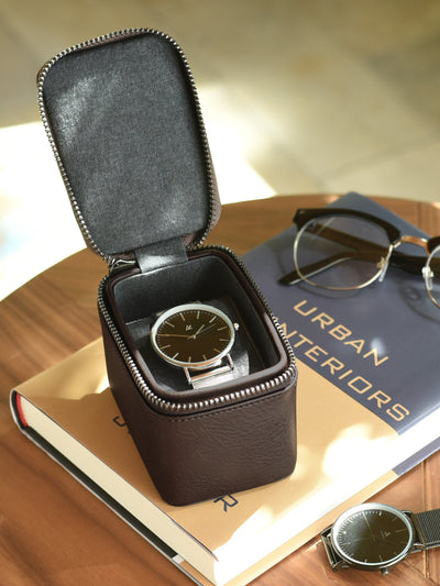 Stackers. Brown Small Zipped Travel Watch Box - timeframedclocks