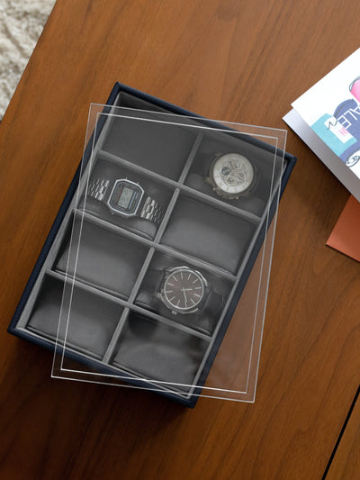 Stackers. Navy Blue 8 Piece Watch Box with Acrylic Lid - timeframedclocks