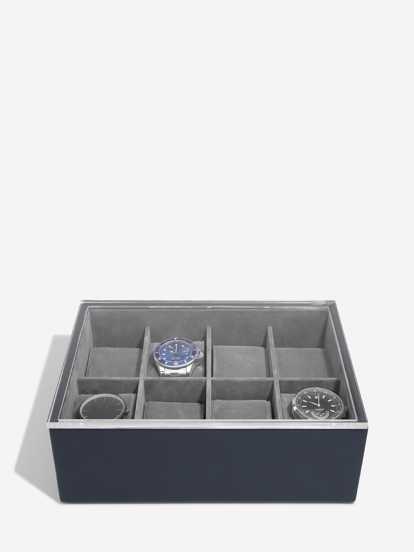 Stackers. Navy Blue 8 Piece Watch Box with Acrylic Lid - timeframedclocks