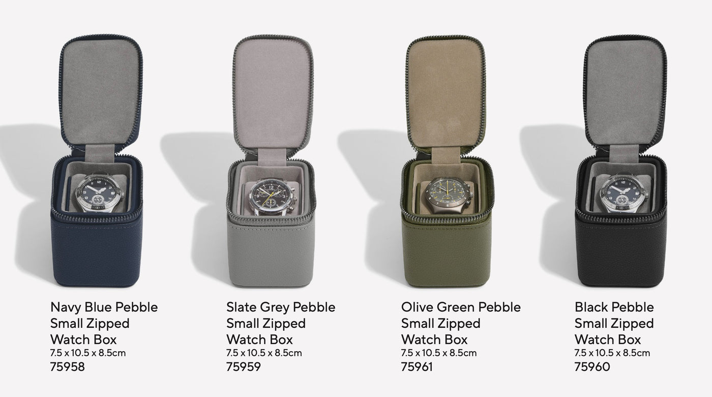 Stackers. Navy Blue Pebble Small Zipped Travel Watch Box - timeframedclocks