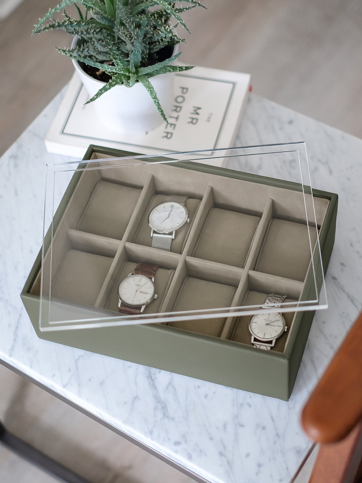 Stackers. Olive Green 8 Piece Watch Box with Acrylic Lid *STOCK DUE MAY* - timeframedclocks