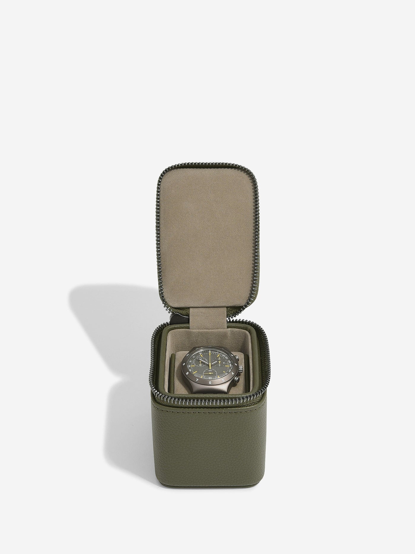 Stackers. Olive Green Pebble Small Zipped Travel Watch Box - timeframedclocks